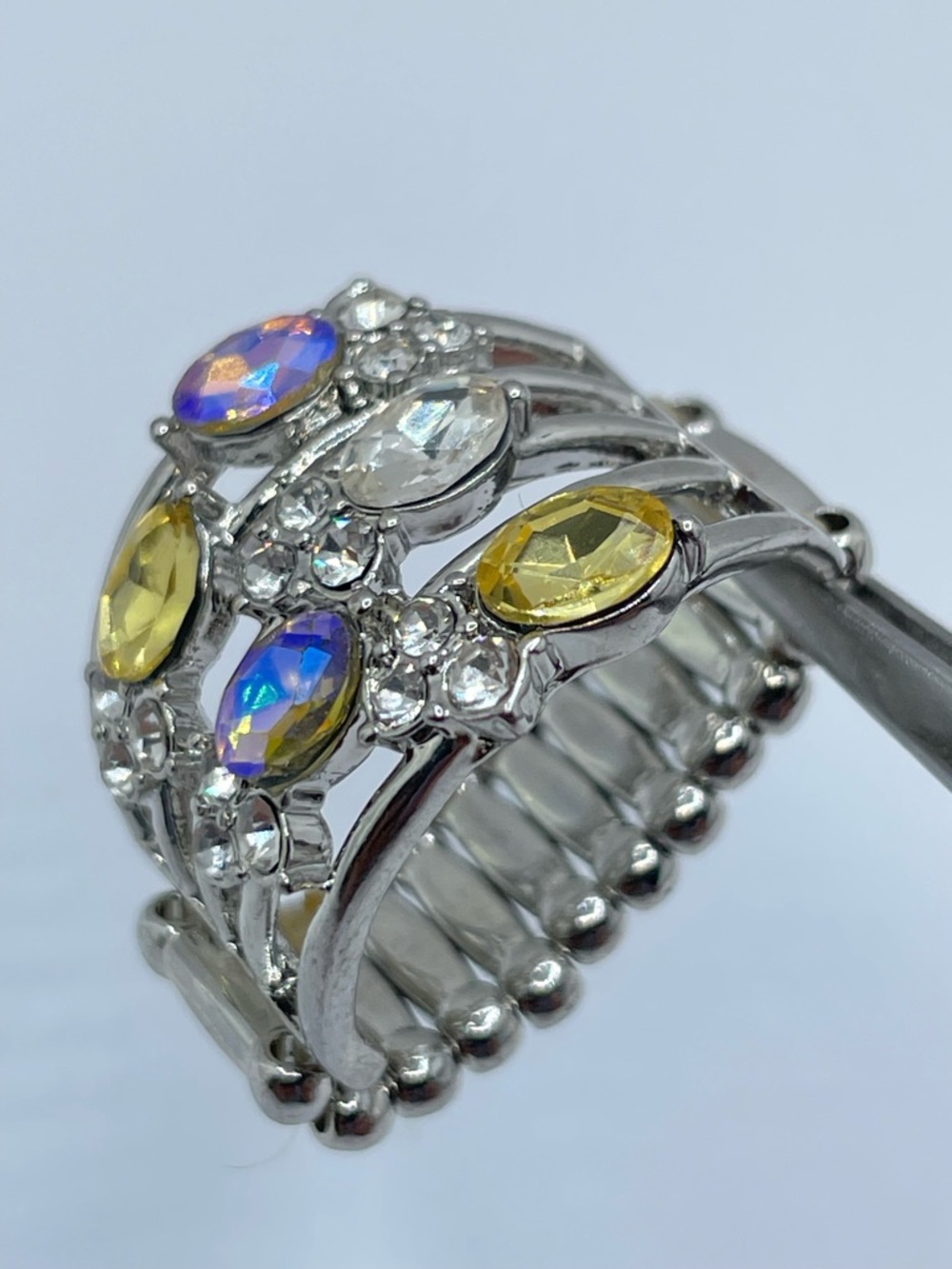 Silver Tone AB Crystal Stretch Ring Multicolor Rhinestone Statement - Picture 3 of 7